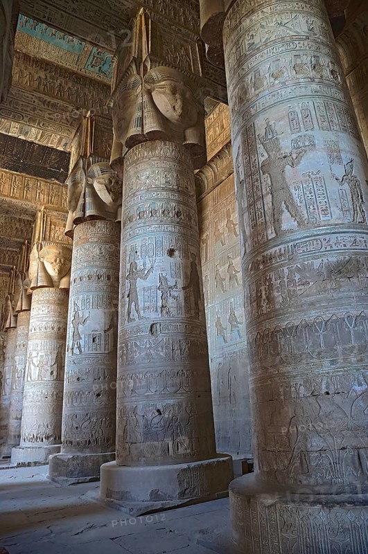 Interior of the painted and carved hypostyle hall at Dendera Temple. Ancient Egyptian temple near Qena