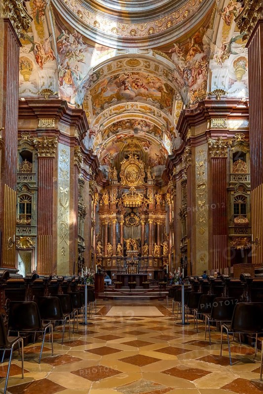 Melk, Austria, 22 September, 2022: vertical view of the ostentatious and ornate Melk Abbey church, Europe