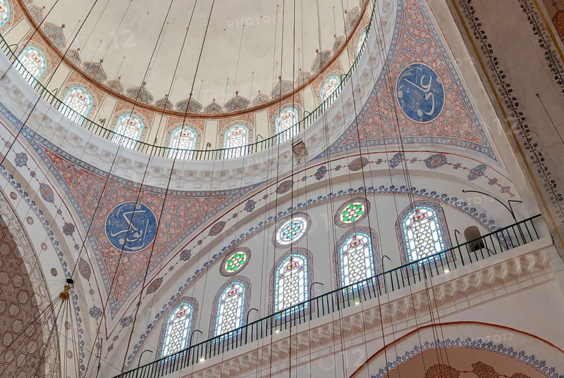 A picture of the colorful and gorgeous interior of the Beyazit Mosque, in Istanbul