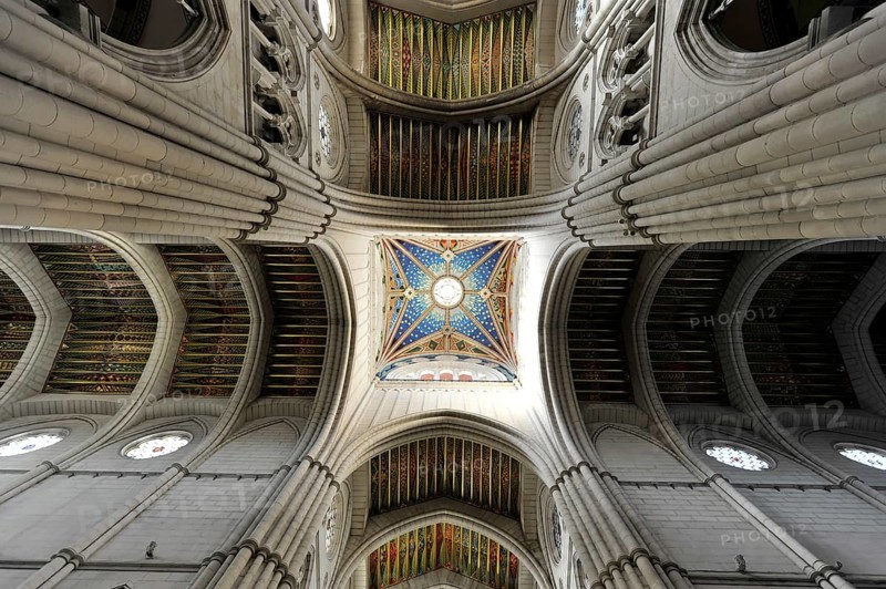 Catedral de Nuestra Señora de la Almudena, Santa María la Real de La Almudena, Almudena Cathedral, Madrid, Spain, Europe, Colourful ceiling with rose windows and geometric patterns in a Gothic church, Europe