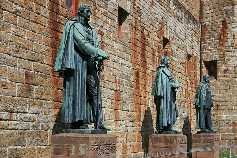 Statues of King William III, King Frederick William IV and Emperor William I of Prussia, Hohenzollern Castle, ancestral castle of the Prussian royal family and former ruling German imperial house of Hohenzollern, Bisingen, Baden-Württemberg, Germany, Europe
