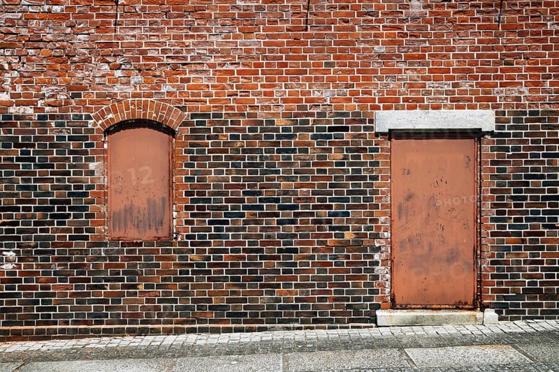 Brick wall and door, Ozu Redbrick Hall Akarenga-kan in Ehime, Shikoku, Japan, Asia