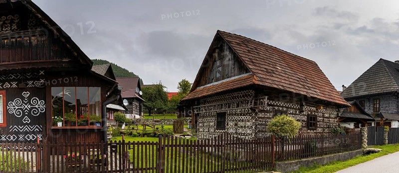 Cicimany, Slovakia, 27 September, 2022: historic timbered houses with white decorative paint in the folklore reserve of Cicimany in Slovakia, Europe