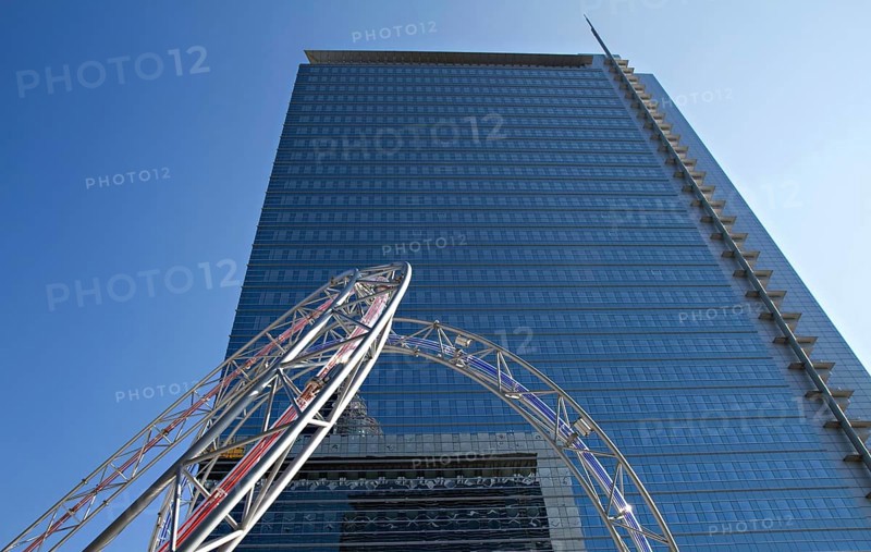 Frankfurt Pollux skyscraper with mirror façade and modern sculpture Frankfurt, Germany, Europe