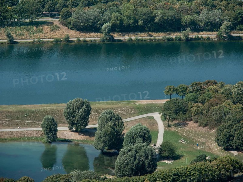 River with bank and trees, next to it a path along the shoreline, Vienna, Austria, Europe