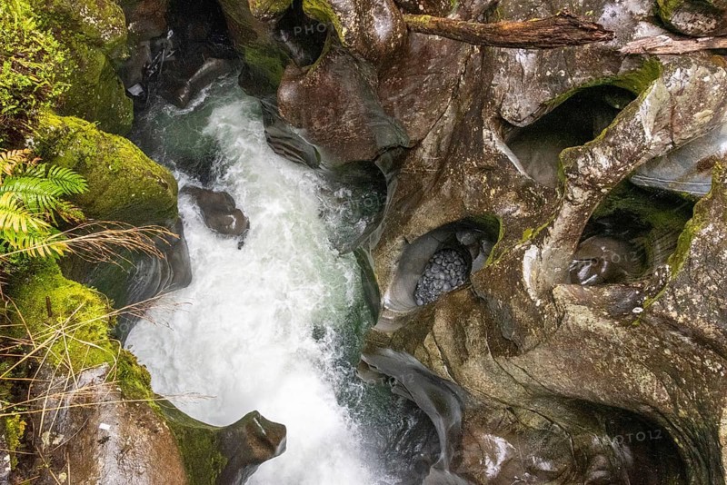 Famous Chasm gorge with beautifully outwashed rock, Milford Sound, South Island of New Zealand