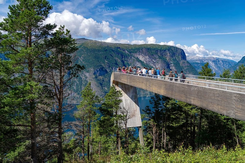 NORWAY, AURLANDSVANGEN, AUGUST 1, 2023: High viewpoint over the Aurlandsfjord, crowded with tourists
