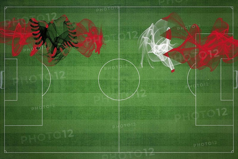 Albania vs Bahrain Soccer Match, national colors, national flags, soccer field, football game, Competition concept, Copy space