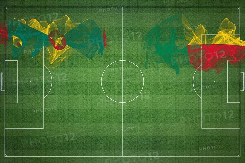 Grenada vs Benin Soccer Match, national colors, national flags, soccer field, football game, Competition concept, Copy space