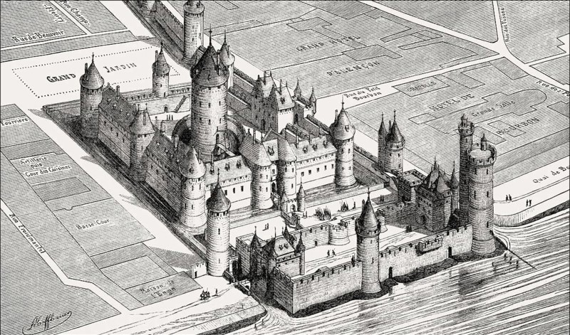 Pictorial reconstruction of the Louvre Palace in the 14th century by Fédor Joseph Hubert Hoffbauer, Paris, France, Europe