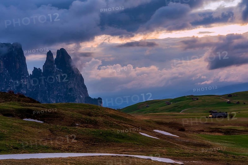 Panoramic view of Mount Sciliar from Alpe di Siusi in the Dolomites in South Tyrol, Italy, Europe
