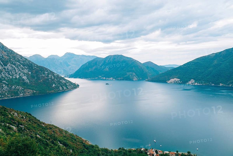 The island of Gospa od Skrpela, Kotor Bay, Montenegro. View from the high mountain above Risan