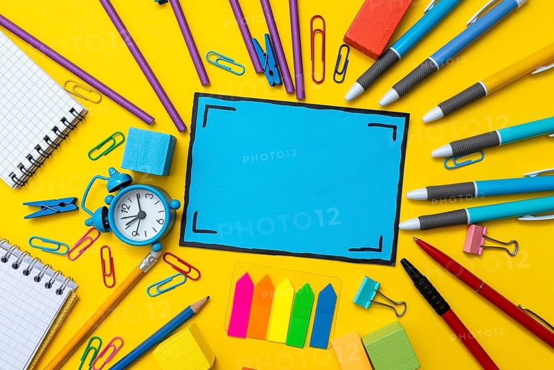 Banner Concept Back To School Alarm Clock Color Chalk Pencil Apple Notebook Stationery on Green Supplies Top View Flat Lay School supplies white background. Back to school concept
