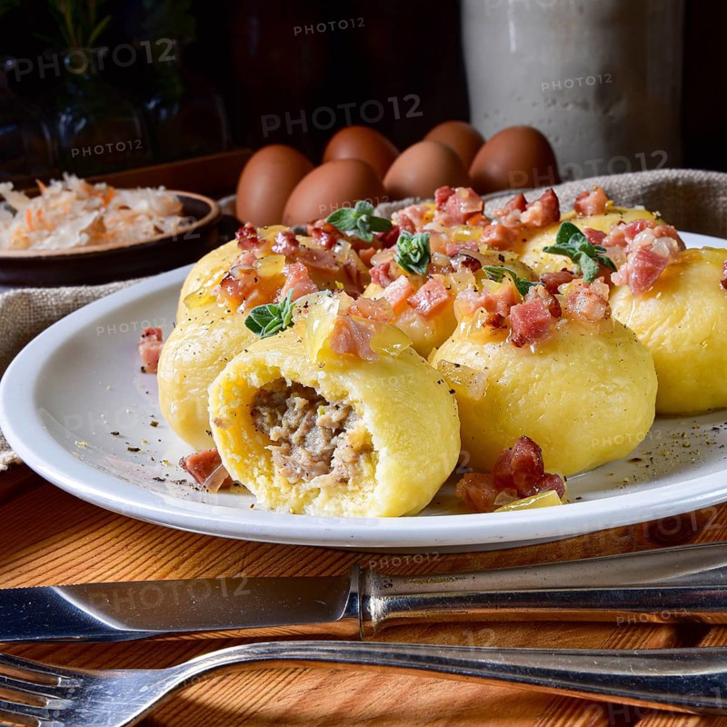 Polish dumplings with meat and mushroom sauerkraut filling