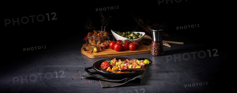 Brussels sprouts and bacon skewers with potato widgets