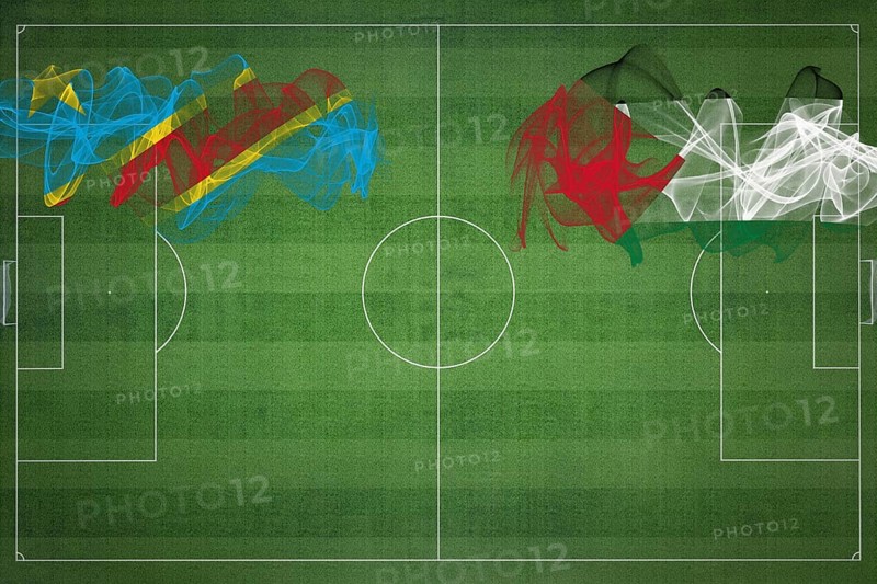 Democratic Republic of Congo vs Palestine Soccer Match, national colors, national flags, soccer field, football game, Competition concept, Copy space