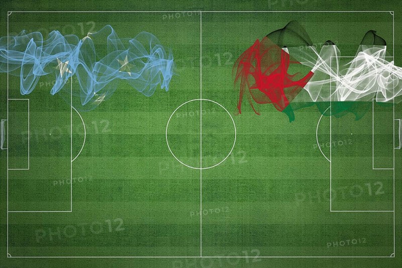 Micronesia vs Palestine Soccer Match, national colors, national flags, soccer field, football game, Competition concept, Copy space