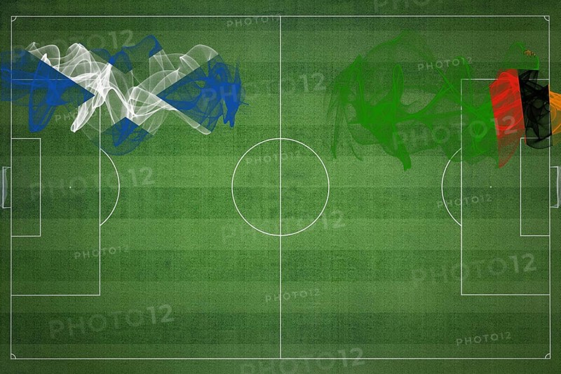 Scotland vs Zambia Soccer Match, national colors, national flags, soccer field, football game, Competition concept, Copy space