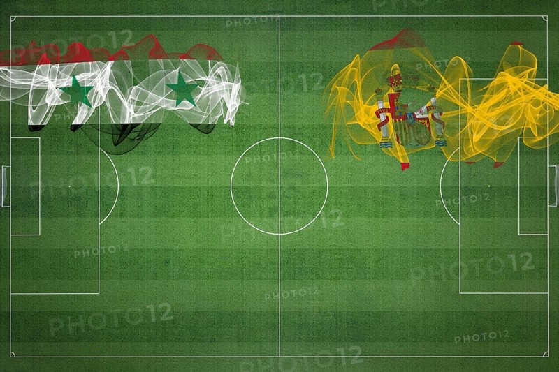 Syria vs Spain Soccer Match, national colors, national flags, soccer field, football game, Competition concept, Copy space