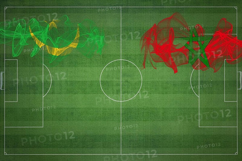 Mauritania vs Morocco Soccer Match, national colors, national flags, soccer field, football game, Competition concept, Copy space