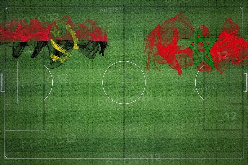Angola vs Morocco Soccer Match, national colors, national flags, soccer field, football game, Competition concept, Copy space