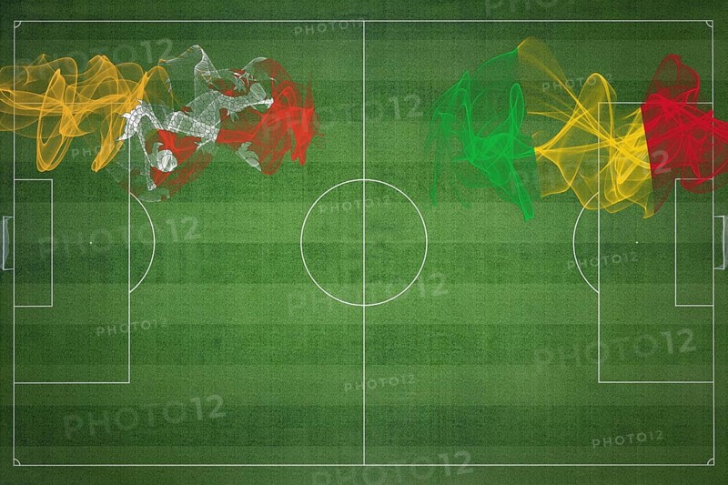 Bhutan vs Mali Soccer Match, national colors, national flags, soccer field, football game, Competition concept, Copy space