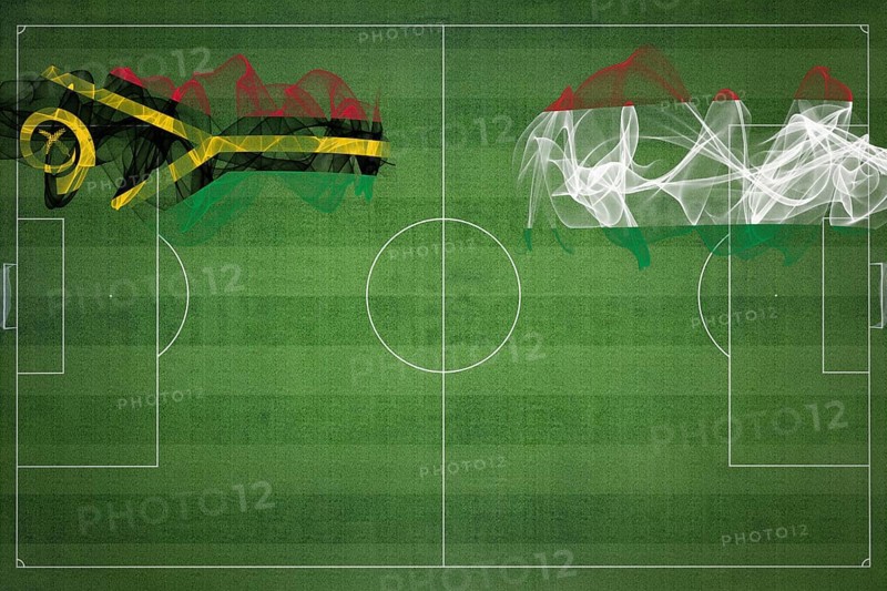 Vanuatu vs Hungary Soccer Match, national colors, national flags, soccer field, football game, Competition concept, Copy space