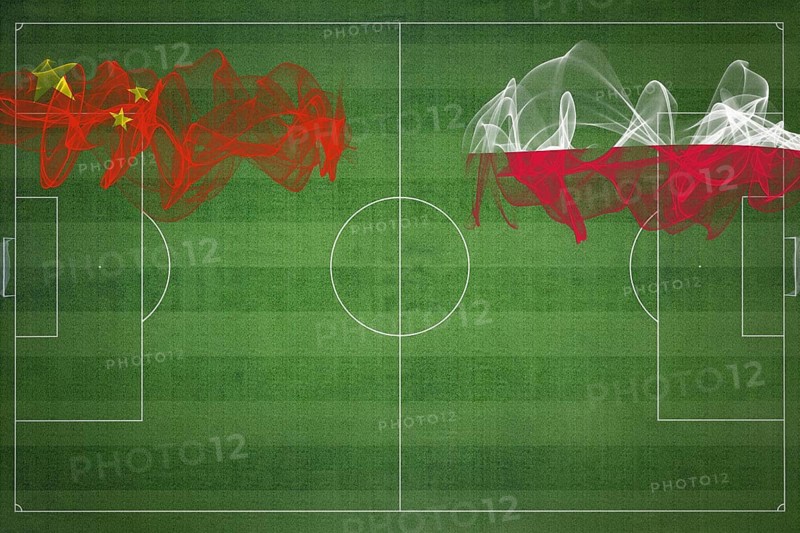 China vs Poland Soccer Match, national colors, national flags, soccer field, football game, Competition concept, Copy space