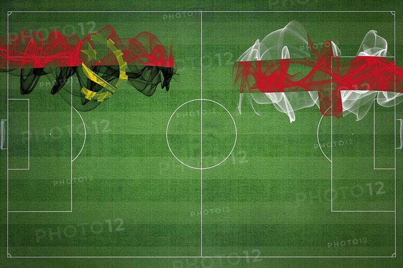 Angola vs England Soccer Match, national colors, national flags, soccer field, football game, Competition concept, Copy space