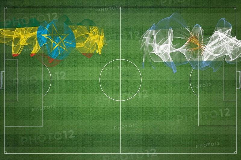 Ethiopia vs Argentina Soccer Match, national colors, national flags, soccer field, football game, Competition concept, Copy space