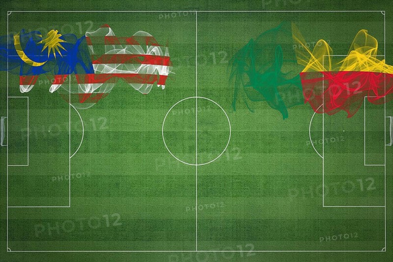 Malaysia vs Benin Soccer Match, national colors, national flags, soccer field, football game, Competition concept, Copy space