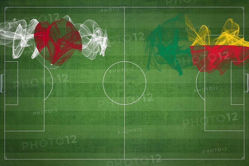 Japan vs Benin Soccer Match, national colors, national flags, soccer field, football game, Competition concept, Copy space