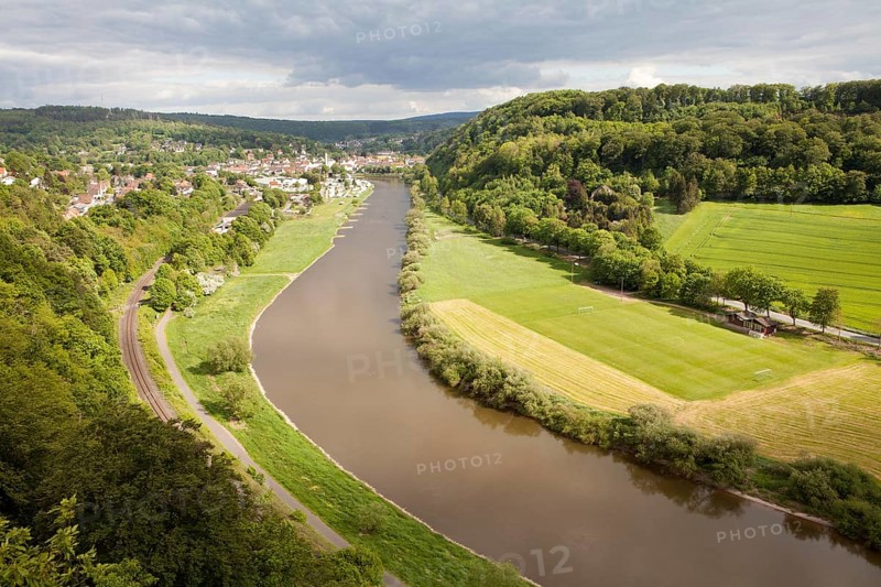 View from the Skywalk on River Weser, Beverungen, Weser Uplands, North Rhine-Westphalia, Germany, Europe
