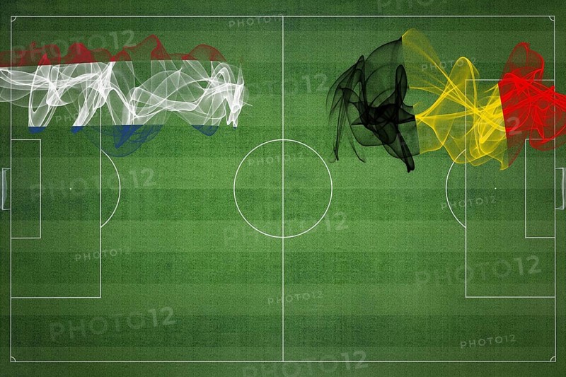Netherlands vs Belgium Soccer Match, national colors, national flags, soccer field, football game, Competition concept, Copy space