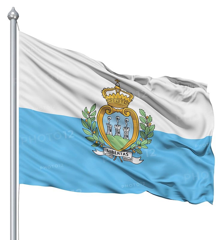 Flag of San Marino with flagpole waving in the wind against white background