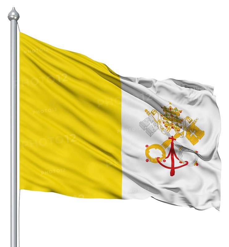 Flag of Vatican city with flagpole waving in the wind against white background