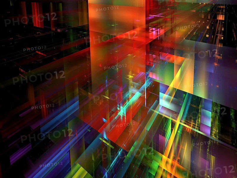 Colourful vittual reality, science fiction or future technology background. Fractal - computer generated 3d illustration. Walls of glass blocks or street of futuristic city