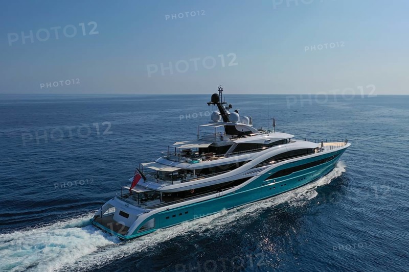 Aerial view of the 77-metre motor yacht GO, delivered in 2018 by the Turkish shipyard Turquoise Yachts to the Swiss billionaire Hans Peter Wild, design: H2 Yacht Design