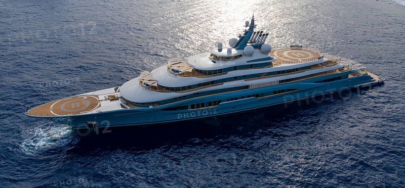 Aerial view of 136 metre superyacht Flying Fox, delivered in 2019 by the Bremen shipyard Lürssen Yachts for the Russian oligarch Dmitry Kamenshik, here at anchor off the Principality of Monaco, Mediterranean Sea