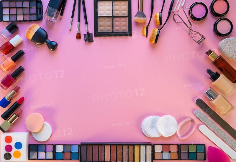 Cosmetics makeup lipstick eye shadows arrangement on pink table