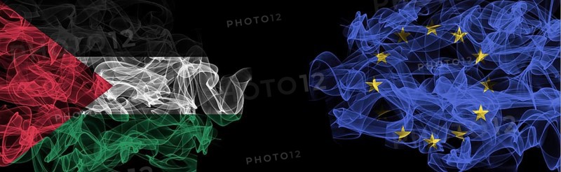 Flags of Palestine and EU on Black background, Palestine vs Europe Union Smoke Flags