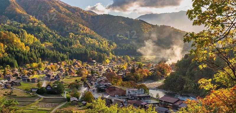 Shirakawago village Gifu Japan panorama, Historical Japanese traditional Gassho house at Shirakawa village in autumn foliage season