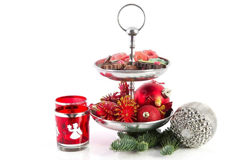 Christmas still life with silver tray chocolate and ornaments