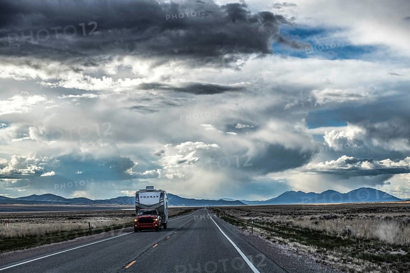 Wild thunderstorm and rain clouds over the Great Basin Highway US 93, between Ely and Baker, Nevada, USA, North America