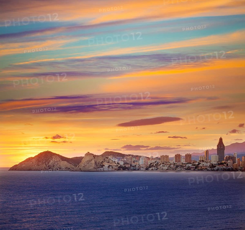 Benidorm Alicante sunset playa de Poniente beach in Spain Valencian community