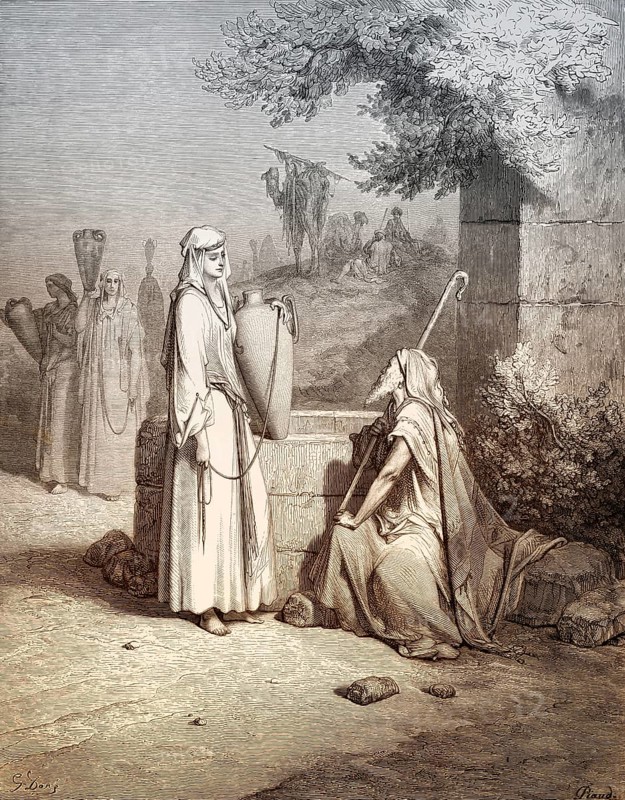 Eliezer and Rebekah at the well, woodcut by Gustave Doré