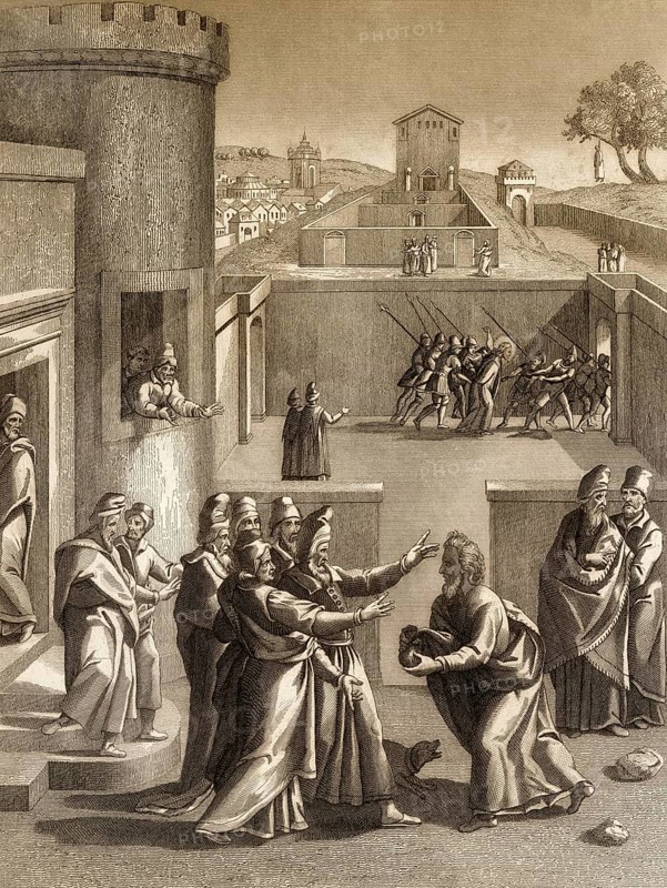 Judas Iscariot before Pontius Pilate, New Testament, steel engraving 1853, digitally restored