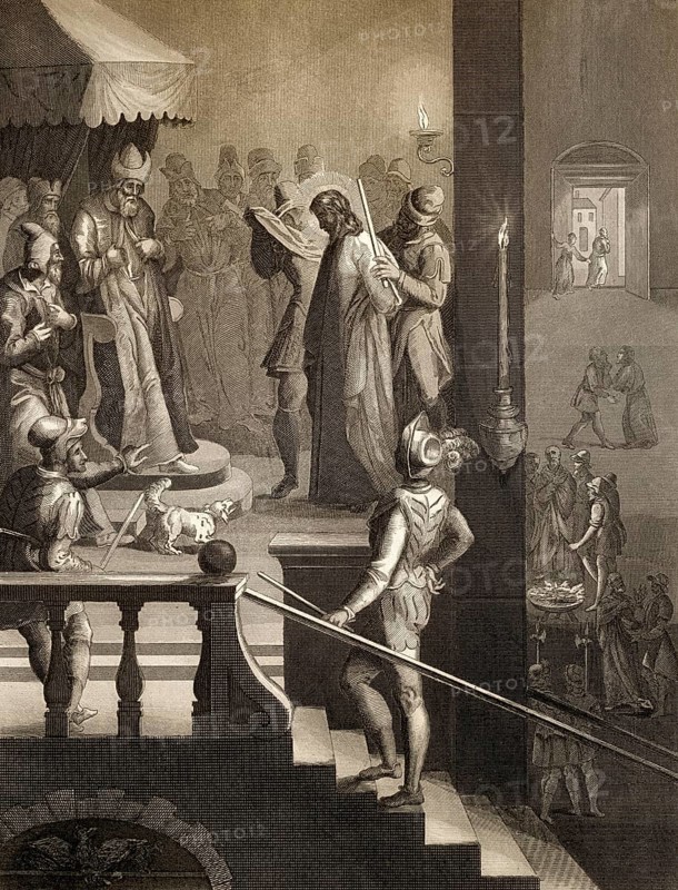 Jesus before Caiaphas, Peter's third denial, New Testament, steel engraving 1853, digitally restored