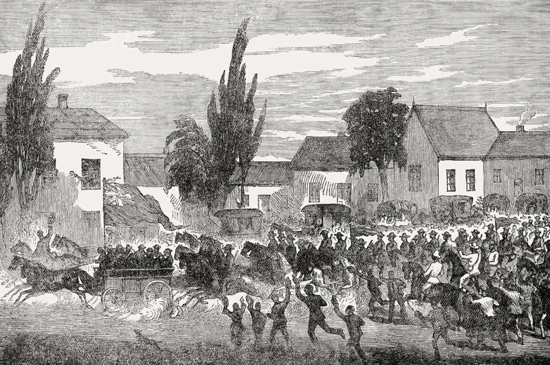Volunteers driving to the front, Xhosa Wars, South Africa, 19th century, From British Battles on Land and Sea, by James Grant, Africa