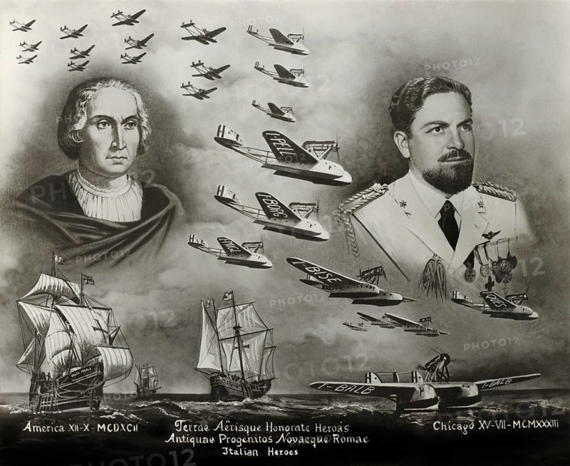Italian heroes, side by side comparison between Italo Balbo, an fascist, politician, Italy's Marshal of the Air Force and Christopher Columbus, Fascist pamphlet, 1933, digitally optimized